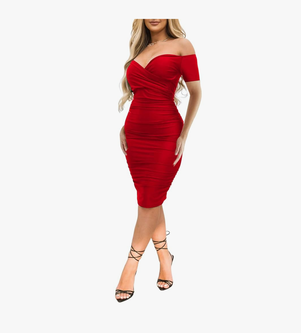 Women's Sexy Deep V Neck Off Shoulder Ruched Bodycon Long Sleeve Midi Dress Evening Party Cocktail Dress S Red