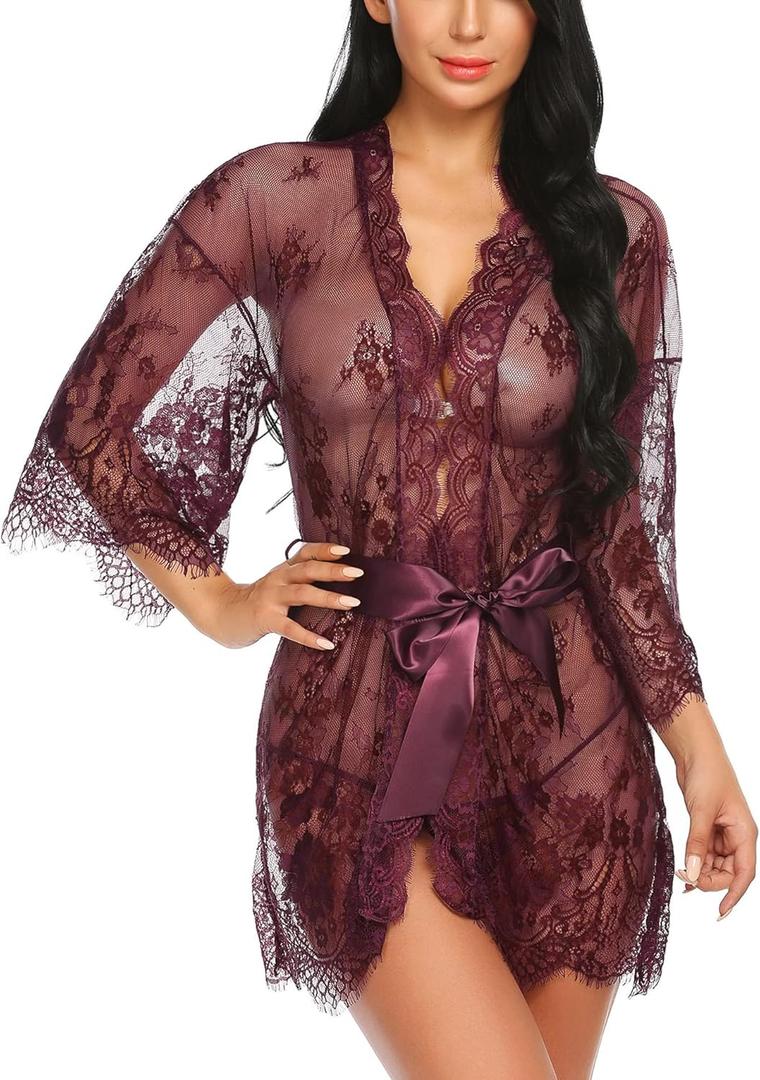Avidlove Women's Lace Kimono Robe Babydoll Lingerie Mesh Nightgown (Large, Wine Red)