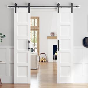 Double 1884 Inch White Sliding Barn Door Slab with 6.6ft Hardware Kit Included, 5-Panel, MDF Wood Panel Covered with Water-Proof Scratch-Proof PVC Surface, Simple DIY Assembly