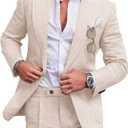 UNINUKOO Linen Suit for Men Summer Wedding 2 Piece Suit Set Peak Lapel Casual Blazer Pants Beach Wear for Men (Beige, M)