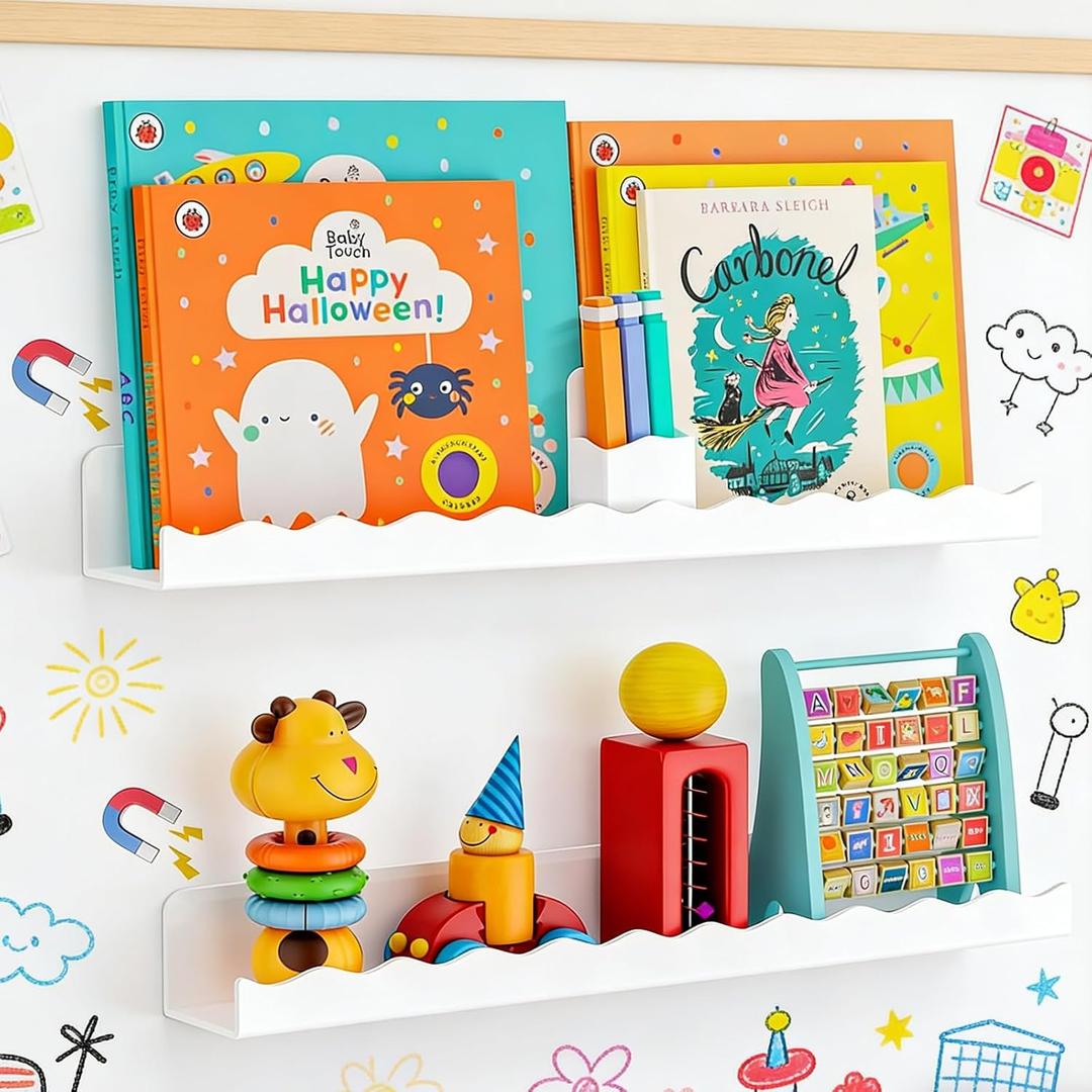 2 Pack Magnetic Shelf for Whiteboard, Magnetic Book Shelf for Kids Rooms, 17 Inch Reusable Acrylic Magnetic Shelves with Pen Holder, Floating Display Magnet Shelf for Classroom, Office, Kitchen