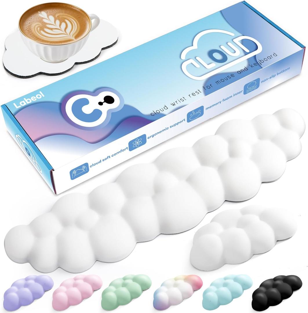 Cloud Wrist Rest for Computer Keyboard Arm Wrist Rest with Non-Slip Base Extended Rest Ergonomic Memory Foam for Keyboard and Mouse Typing Pain Relief, Office, Gaming, Computer (White Set)