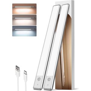 EZVALO 16.5in Under Cabinet Lighting, 4000mAh Rechargeable Motion Sensor Lights, 145 LED Motion Activated Closet Light Wireless, 3 Color Temps, Dimmable Under Counter Lights for Kitchen(Sliver,2 Pack) (Silver)