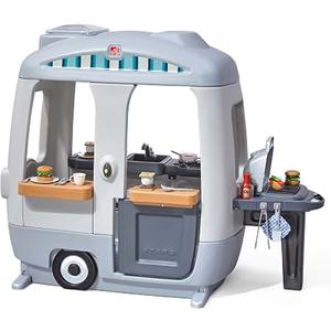 Step2 Adventure Camper Kids Playhouse, Indoor/Outdoor Playset with Kitchenette, Interactive Doorbell Sounds, 52-Piece Toy Accessories, Durable Plastic, For Toddlers 2+ Years
