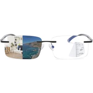 K.LAVER Photochromic Progressive Multifocal Reading Glasses Blue Light Blocking Glasses Rimless Transition Sunglasses Unisex