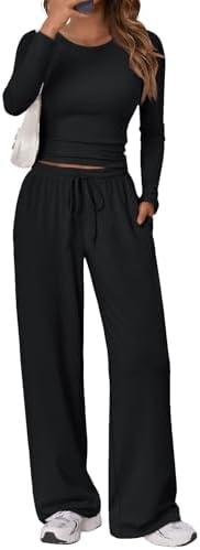 Trendy Queen Women's 2 Piece Matching Lounge Set Long Sleeve Side Ruching Top Wide Leg Drawstring Pants Set with Pockets XL, Black