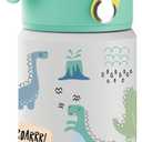 Hippypotamus Kids Water Bottle - Stainless Steel Vacuum Insulated -12 oz - Leak Proof Straw Lid & Soft Spout For Toddlers & Kids (Green Dinosaur)