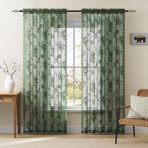Dark Green Lace Curtains 96 Inches Long 2 Panels Sheer Floral Curtains for Living Room Bedroom Rod Pocket Light Filtering Drapes French Large Window Decor for Dining Room Hallway Doorway Sunroom 52x96
