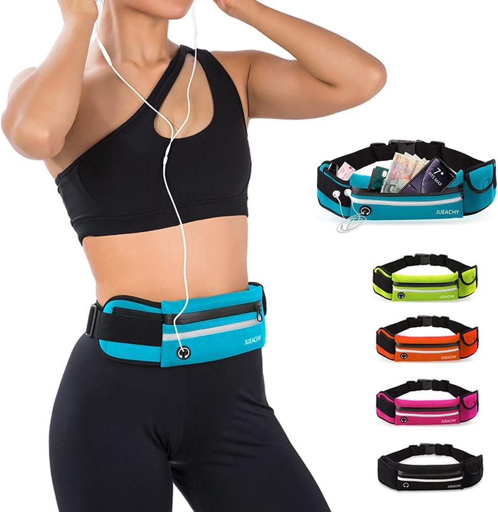 Jueachy Running Belts for Women Waterproof Fanny Pack Running Waist Pouch Phone holder Adjustable Sports Money Belt with Headphone Port (Blue)