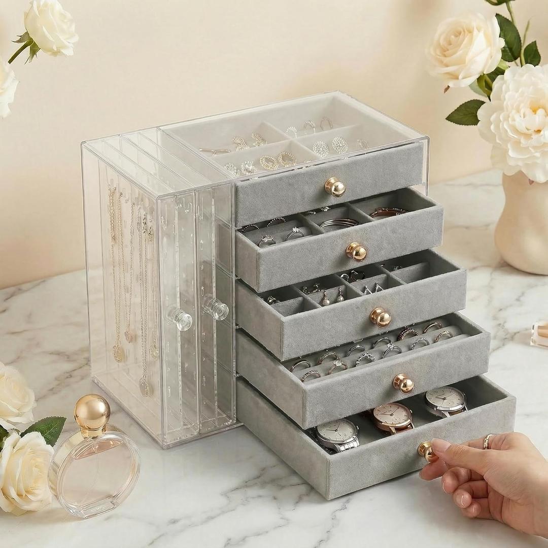 Jewelry Organizer with Clear Acrylic Display and Drawers, Dust-Protected Jewelry Storage Box for Necklaces, Earrings, Rings & Bracelets, Elegant Tabletop Organizer for Vanity, Bedroom or Desk, Gray