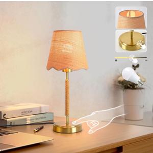Boho Table Lamp for Bedroom, Touch Control Bedside Table Lamp with Brass Gold Base, Rattan Small Table Lamp for Small Space, Boho Lamp Rattan Lamp, Rustic Desk Lamp for Kitchen Counter, Nightstand