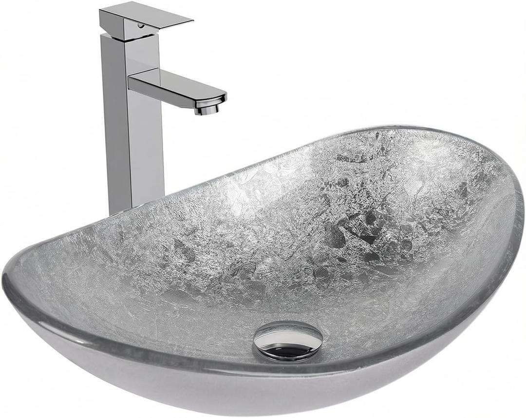 Bathroom Boat Shape Artistic Glass Vessel Sink Free Chrome Faucet and Pop-up Drain Set, Silver, 13.4" x 21" x 6.3"