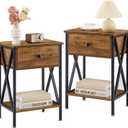VECELO Nightstands Set of 2, Modern Bedside End Tables, Night Stands with Drawer and Storage Shelf for Living Room Bedroom, Industrial Metal Frame (Brown)