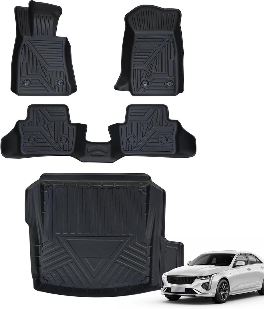 Automotive Floor Mats & Cargo Liner for Cadillac CT4 2020-2023 2024 2025 2026, Heavy Duty TPE All Weather Protection Car Floor Mats, 1st & 2nd Row Full Set Rubber Floor Liners, Include CT4-V, Black