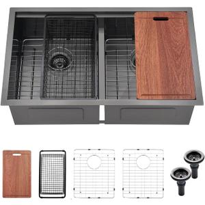 32x19 Inches Black Double Bowl Kitchen Sinks 32 Inch 50/ 50 Undermount Double Sink 16 Gauge Black Stainless Steel Double Basin Workstation Sink