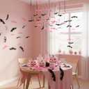 Liliful 50 Pcs 2 Size Halloween Hanging Bats Decorations Creepy Flying Rubber Bats Decor Realistic Figurine for Halloween Indoor Outdoor Party Supplies Prank Toy Haunted Decoration (Pink Black)