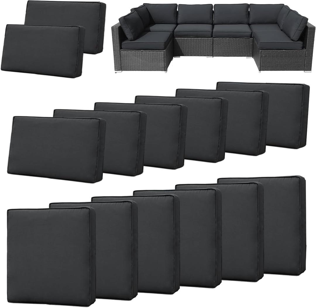 14Pieces Patio Cushion Covers Replacement Outdoor Couch Cushions Covers Splashproof Sofa Slipcovers Set with Zippers,Patio Furniture Protector Cover Only(Black Gray 23.6×23.6×3.35 inches)