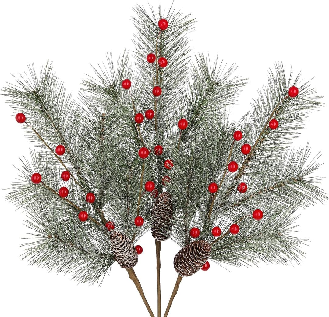 Oairse 3 Pcs Christmas Artificial Pine Branches 18.9 inch Pine Needles Stems Christmas Greenery Picks with Red Berries Pinecones Picks Spray Xmas Tree Branches for Xmas Vase DIY Craft Holiday Decor