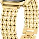 JR.DM Beaded Bracelet Gold Band Women Compatible with Apple Watch 38mm 40mm 41mm 42mm（S11/10）, Adjustable Metal Replacement Strap, Fashion Dressy Wristband for Iwatch SE Series 11/10/9/8/7/6/5/4/3/2/1
