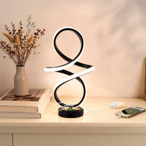 Mayful Modern Spiral Table Lamp, Bedside Lamp with USB C & A Ports, Touch Control Dimmable with 3 Color Temperatures,Unique LED Lamp for Nightstand Bedroom Office Living Room, Black
