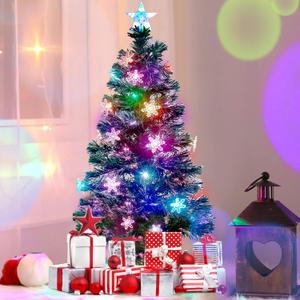 Juegoal 4 ft Pre-Lit Artificial Christmas Tree, Lighted Optical Fiber Xmas Trees with RGB Color Changing LED Lights, Snowflakes & Top Star, Festive Party Holiday Fake Multicolored Tree with Metal Legs (Green)