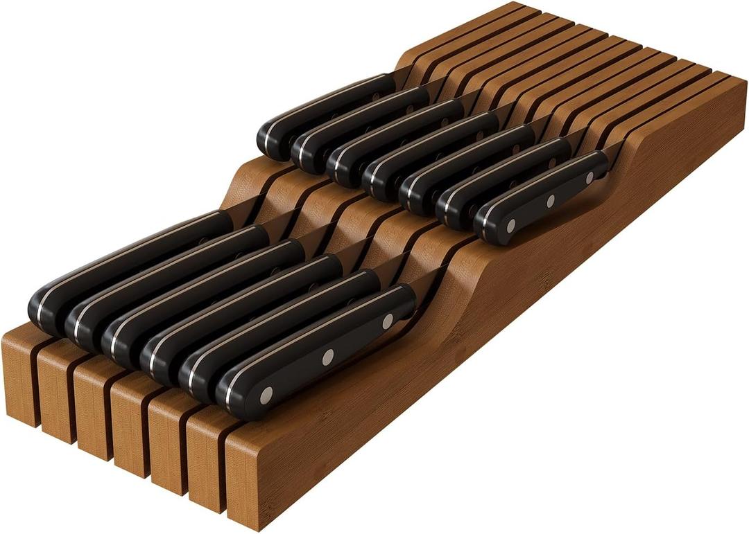 In-Drawer Knife Block Organizer - Bamboo Wood Drawer Knife Organizer-Protecting Knife Organizer Block (Not Included) (Brown, 13 Knives Dock)