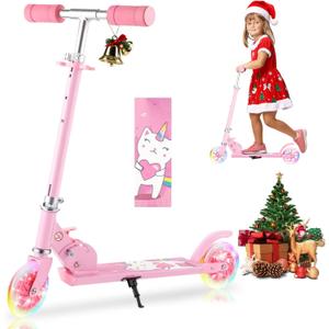 Scooter for Kids Ages 3-12 - Kids Kick Scooters with Led Light Up Wheels & 3 Levels Adjustable Handlebar, Lightweight Foldable 2 Wheel Girly Pink Scooter, Christmas Birthday Gifts for Girls Boys