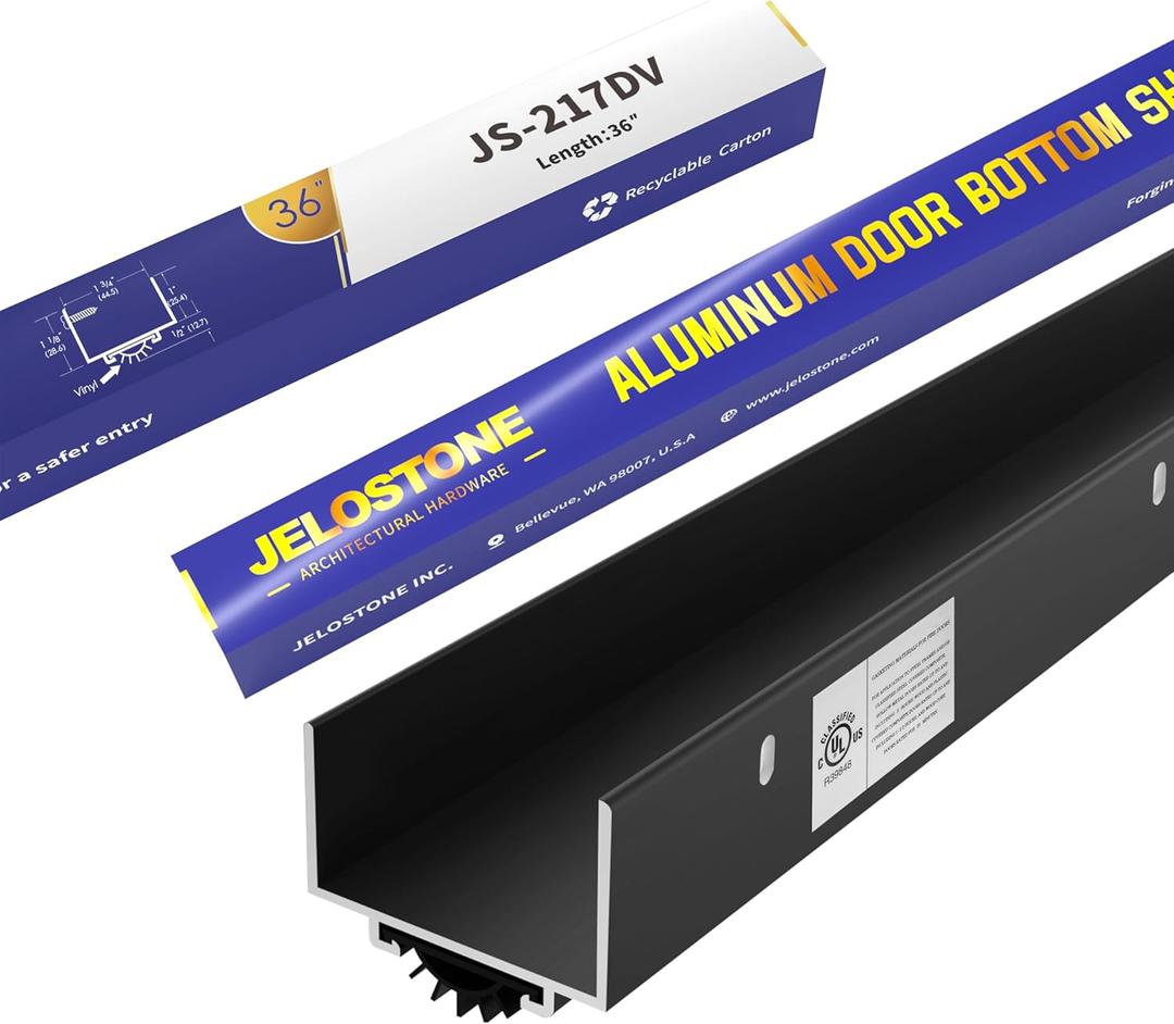 U-Shaped Aluminum Door Bottom Shoes(Matte Black) - Fire Rated - 1-3/4"W x 1-1/8"H x 36" L Weather Stripping Seal for Exterior Doors, Vinyl Insert, JS-217DV