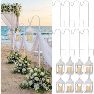 Novabright 8 Sets Wedding Lantern Aisle Decoration Including 8 Pcs White Lantern with LED Candle and 8 Pcs 32'' High Shepherds Hooks for Outdoor Wedding Weddings Holiday Decoration