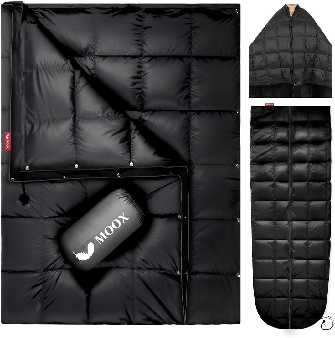 MOOX Down Camping Blanket - Packable Down Camping Quilt Backpacking Lightweight Waterproof Outdoor Hiking Stadium Warm Puffy Sleeping Bag 55"x79" Water Resistant Camp Travel Blanket, Black