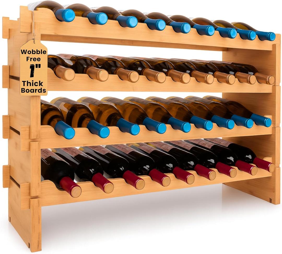 NutriChef 36 Bottle Rack Stackable Bamboo Freestanding, 4-Tier Modular Shelf, Sturdy Wobble Free, Upgraded 2026 Design, Easy No-Tool Assembly for Kitchen, Cellar or Bar Storage 33.5" x 10" x 21"
