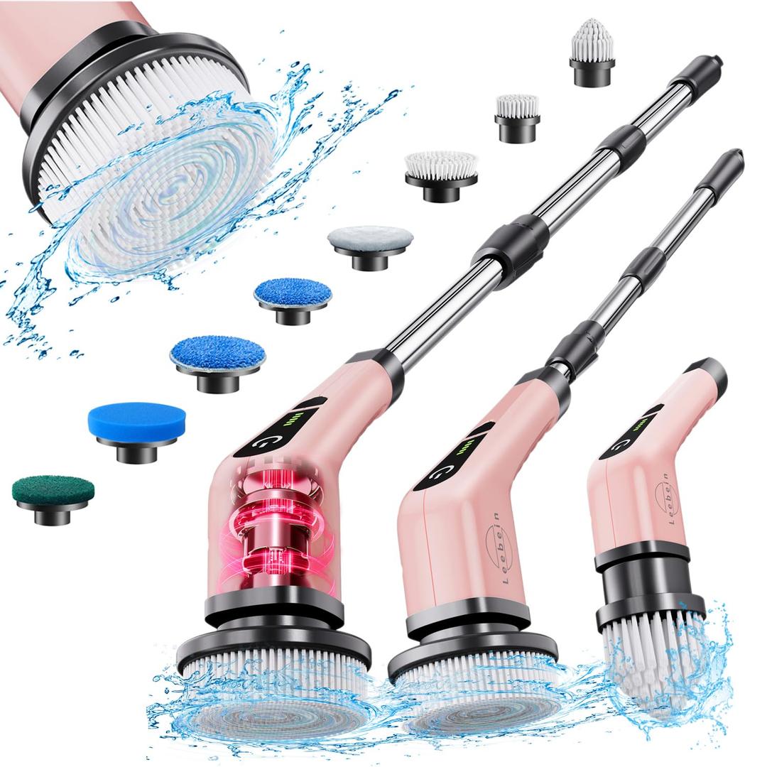 Electric Bathroom Cleaning Brush, Cordless Spin Scrubber Full Body Waterproof IPX7 with Adjustable Handle, 8 Replaceable Brush Heads for Bathtub/Kitchen/Window/Home -SD-CTB01 (Extended)
