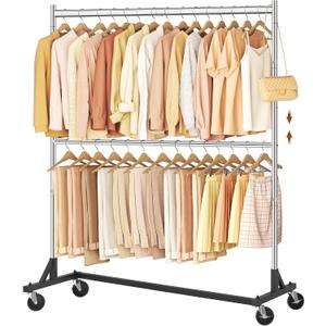 Hoctieon Double Rod Z Rack, Rolling Clothes Racks with Z-Base, Adjustable Clothing Rack, Standing Clothes Rack, Metal Clothing Racks for Hanging Clothes, Portable Garment Rack, Chrome