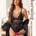Avidlove Teddy Lingerie for Women Sexy One Piece Bodysuit Lace Deep V Babydoll with Satin Bow Tie (Black, L)