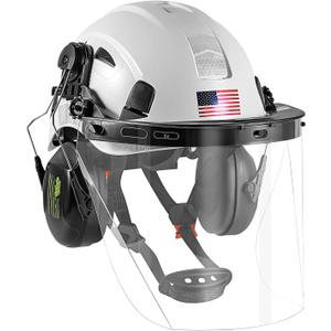 Forestry Safety Helmet Chainsaw Helmet with Polycarbonate Full Clear Visor and Ear Muffs 3 in 1 Forestry Hard Hat (White+Clear PC face shield)