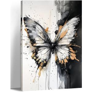Butterfly Canvas Wall Art Black and White Watercolor Picture Abstract Gold Butterfly Painting Prints Animal Art for Living Room Modern Home Office Wall Decor Framed (Art-6,16.00x24.00 inch)