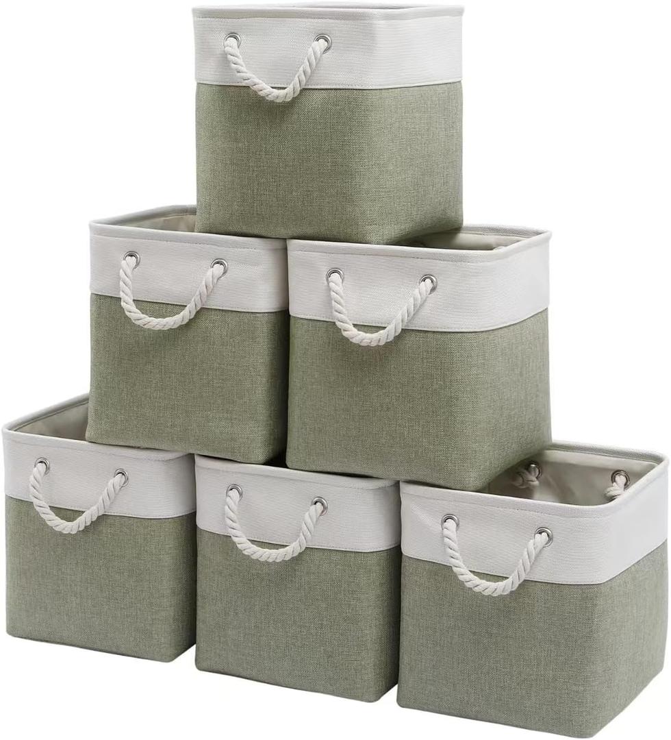 Fabric Storage Cubes 13 x 13, Collapsible Storage Bins for Shelf Baskets, Cube Storage Organizer White Green Bins with Cotton Handles, Foldable Storage Bin box, Cube Storage Bin 6 Pack