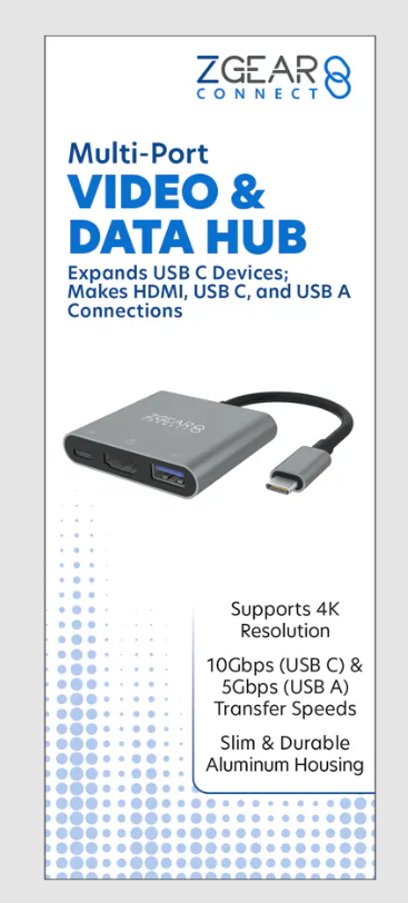 ZGEAR USB-C TO HDMI, USB-C, USB-A VIDEO & DATA MULTI-PORT HUB