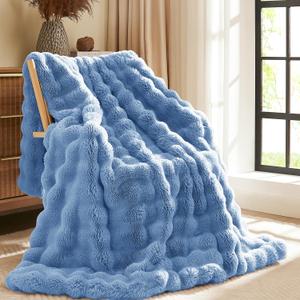 L'AGRATY Faux Fur Throw Blanket: 50" x 60" Luxury Soft Fluffy Rabbit Fur Blankets Twin for Couch Bed Sofa Cozy Plush Bubble Blankets for Winter: Flannel Fleece Decorative Blanket (Airy Blue)