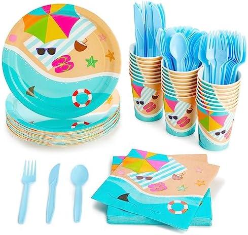 BLUE PANDA 144 Piece Beach Theme Party Supplies, Summer Dinnerware Set with Plates, Napkins, Cups, and Cutlery (Serves 24) - Beach Party Decorations