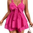MakeMeChic Women's Plus Size Knot Front Shorts Jumpsuits Plaid Sleeveless Ruffle Layer Wide Leg Romper Hot Pink 2XL