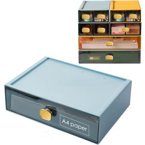 Stackable Desk Organizer Drawer 13"Wx9"Lx3.3"H Large Desktop Storage Drawers for Printer Paper Clear Stacking Storage Organizer Box for Office, Home, Stationery, Bathroom (Blue, L)