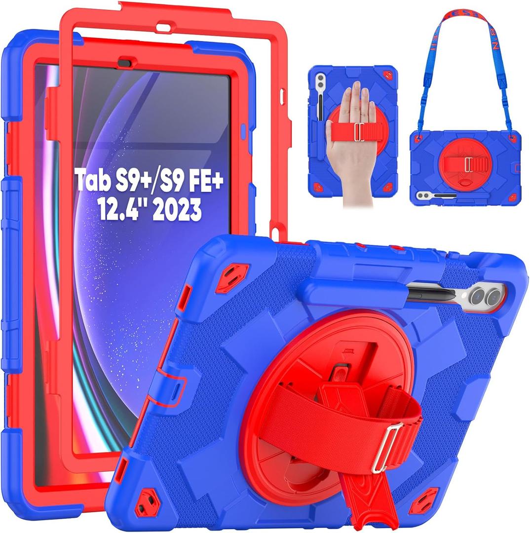 SEYMAC Case for Samsung Galaxy Tab S10+ Plus 2024/S9 FE+/S9+ 12.4'' 2023, Shockproof Protective Case with Screen Protector, Rotating Stand, Hand/Shoulder Strap, Dark Blue