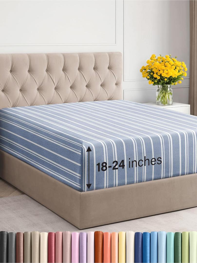 Extra Deep Twin XL Fitted Sheet - Hotel Luxury Single Fitted Sheet Only - Easily Fits 18 inch to 24 inch Mattress - Ultra Soft, Wrinkle Free w/Extra Deep Pockets - Breathable & Comfy - Blue Stripes