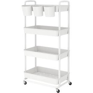 JIUYOTREE 4-Tier Plastic Rolling Storage Cart Utility Cart with Extra Hanging Cups Handles Lockable Wheels for Living Room Bathroom Kitchen Office White