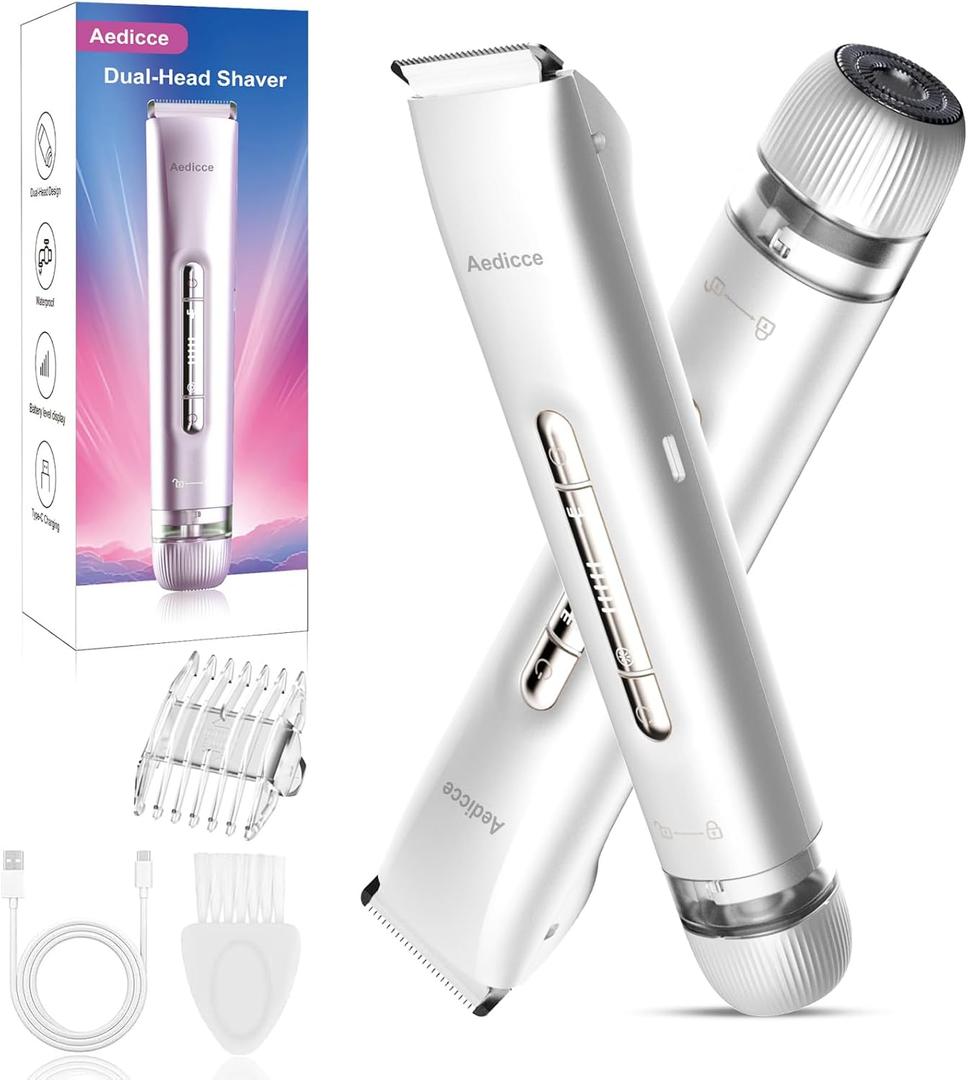 Bikini Trimmer for Women 2 in 1, Dual Head Womens Electric Shaver, Electric Razors for Pubic Hair, IPX7 Waterproof Rechargeable Facial Hair Removal for Shaving Underarm Leg Arm Body Face, White