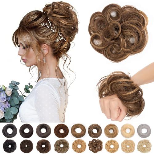 S-noilite Messy Bun Hairpiece Real Human Hair for Women Curly Wavy Tousled Updo Scrunchie Realistic Natural Messy Bun Hair Piece Highlighted Medium Brown Mixed Honey Blonde