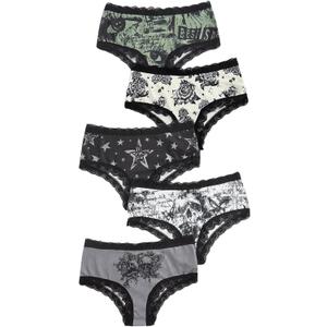 WDIRARA Women's 5 Pack Set Goth Graphic Print Mesh Sheer Lace Trim Mid Rise Underwear Briefs (Medium, Multicolor Black)