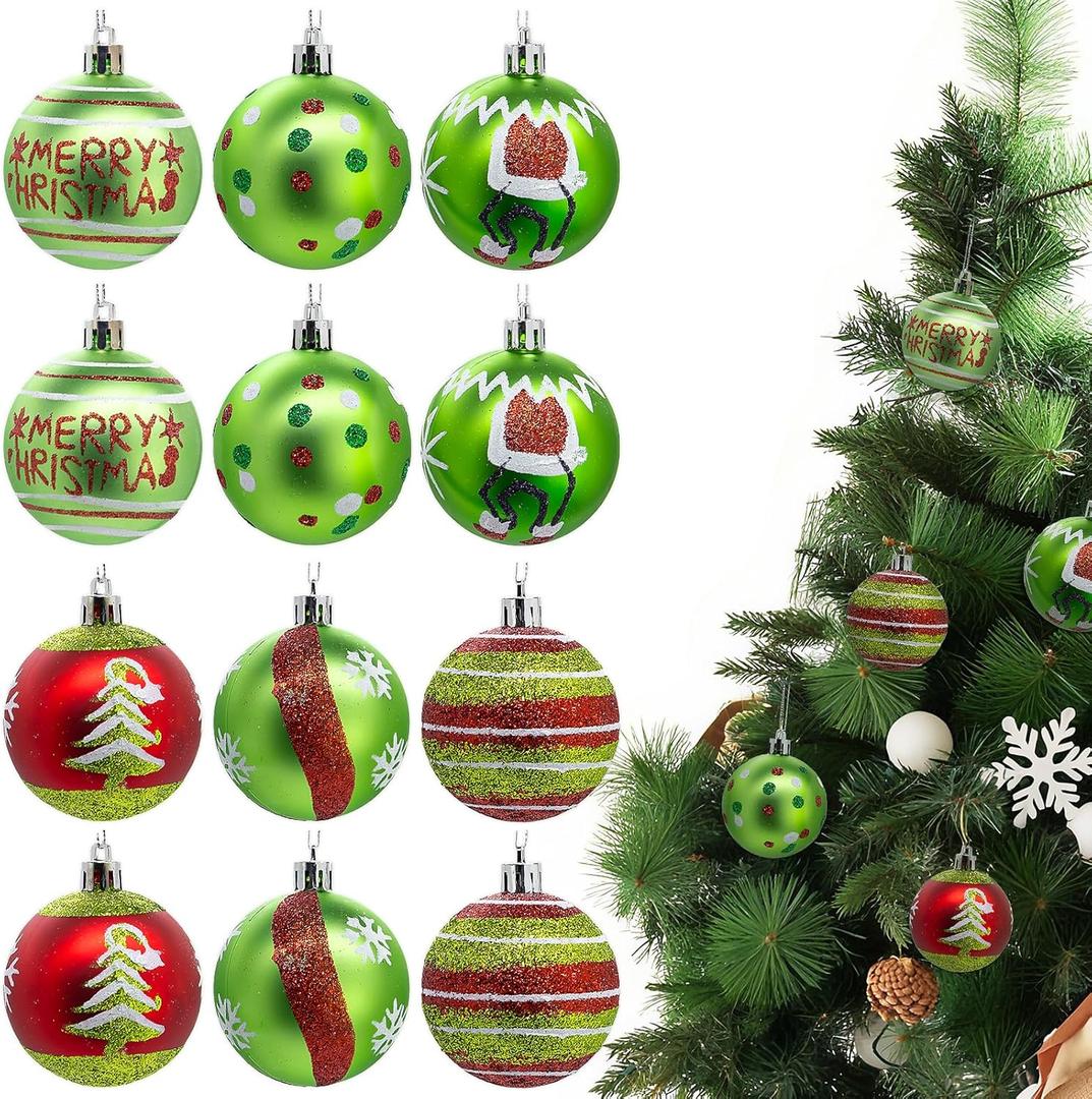 Christmas Ball Ornaments Set 12 Pcs 2.4 Inch Christmas Ball Ornaments for Tree, Red Green White Christmas Ornaments, Shatterproof Elf Balls for Xmas Tree, Holiday Party Decor