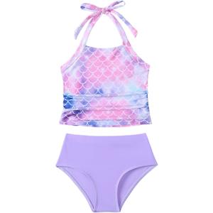 Saeaby Toddler Little Girls Swimsuit Summer Halter Ruched Tankini 2 Piece Bathing Suit for Girl Beach Swimwear 3-8Y
